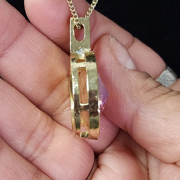 Gold Iridescent Crystal Pendant with Chain and Earrings Set - Picture 3 of 8